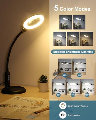 12X Magnifying Glass with Light and Stand, Real Glass, LED 5 Color Modes, Brightness Stepless Dimming Lighted Magnifier Hands Free with Flexible Gooseneck Desk Clamp Lamp for Close Work, Craft, Hobby