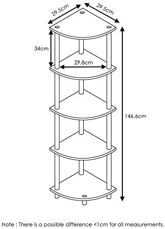 Furinno TURN-N-TUBE Corner Shelf, 5-Tier Corner Bookshelf, Open Storage Shelves, for Organization and Storage, Living Room, Home Office, Garage, Bedroom, Light Cherry