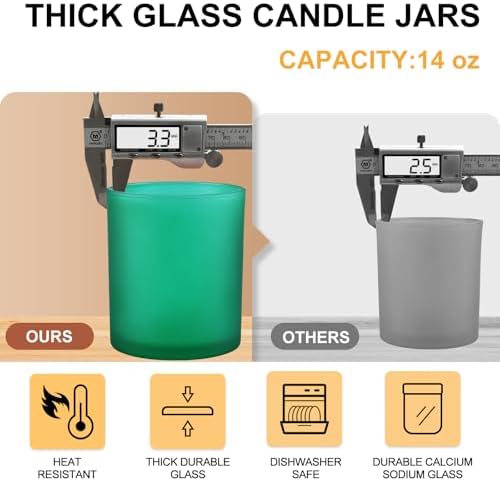 SHOWIN 14 OZ Thick Candle Jars for Making Candles 12 Pcs, 3 Wick Empty Jars with Wood Lids for Candle Making, Sample Container, Frosted Green