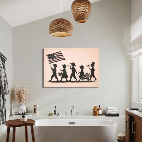 RIBNTAK Vintage Kids Patriotic Parade Wall Art for Kids Room, American Flag Silhouette Poster for Home Office Decor, 4th of July Pictures Wall Decor, Unique Independence Day Canvas Prints