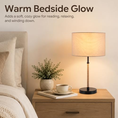 BySea Nordic Table Lamp, Bedside Lamp with Linen Shade and Rope Accent