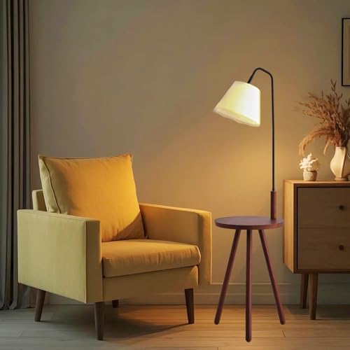 Fiqevs Wood Tripod Floor Lamp with Shelf & LED Bulbs, Mid-Century Modern Standing Lamp with Wooden Shelf & Linen Shade for Living Room, Bedroom, Office