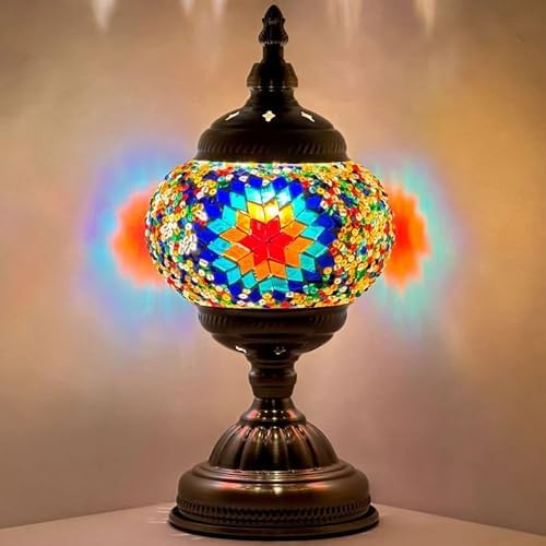 SILVERFEVER Handcrafted Mosaic Turkish Lamp Moroccan Glass Table Desk Bedside Light Bronze Base with E12 Bulb (Purple Starburst)
