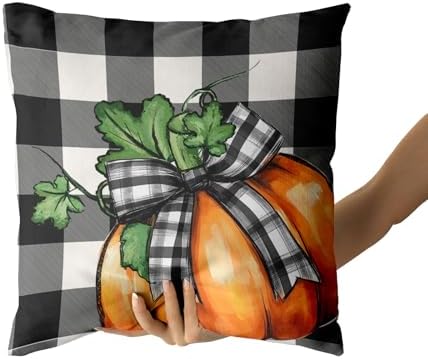 Giwawa Fall Pillow Covers Set of 2, Orange Autumn Truck Pumpkins Throw Pillowcases 18x18 Inches with Black White Buffalo Plaids, Soft Cotton Square Cushion Cover for Sofa Couch Bedding Home Decor