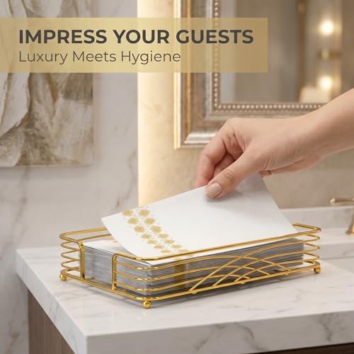 Guest Hand Towel Holder Tray for Bathroom Countertop, Gold Metal