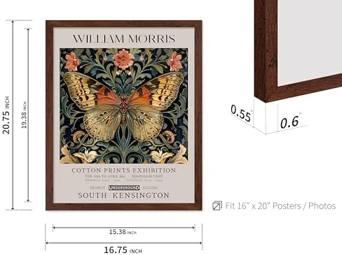 Monem Art William Morris Poster - Butterfly Print - Flower Art - Botanical Poster - Moth Illustration - Floral Creation - Aesthetic Living Room Decor - 16x20 Brown Framed