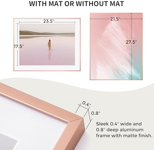 22x28 Metal Picture Frame with 18x24 Mat, Brushed Aluminum Finish, Tempered Glass Front, and Attached Hanging Hardware - Wall Display Frames for Vertical or Horizontal Orientation - Rose Gold