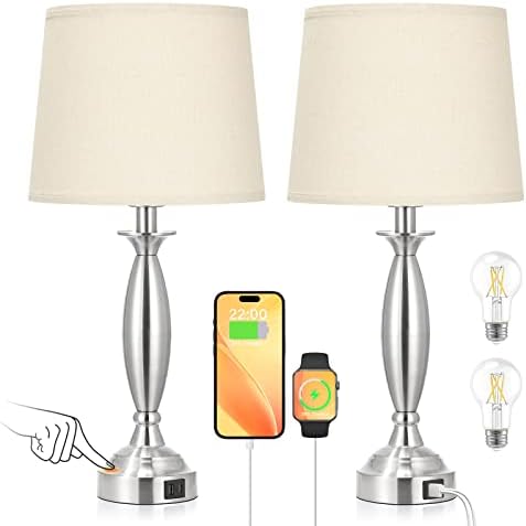 Bedroom Lamps for Nightstand, 3 Way Dimmable Silver Bedside Lamps with USB