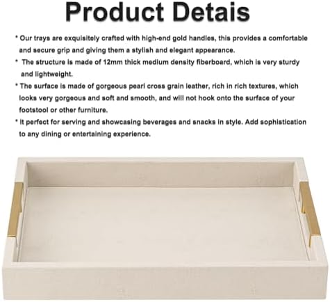 Beige Faux Leather Serving Tray with Handles – Large Decorative Tray for Coffee Table, Ottoman, Living Room, Bathroom – Home Decor