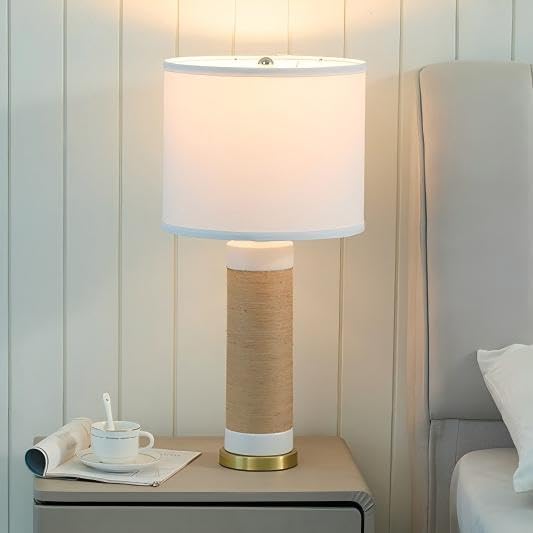 25.75" Rattan Ceramic Table Lamps, Wicker Lamps Set of 2 for Bedroom, White