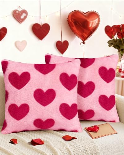 Valentines Pillow Covers 18x18 Inch Set of 2 - Plush Faux Fur Rose Hearts Valentines Day Jacquard Throw Pillow Covers Decorations Soft Home Decor for Couch, Sofa, or Bed