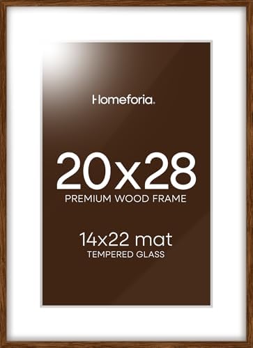 Homeforia 20x28 Brown Oak Picture Frame, High-End Wood, 14x22 Mat, Glass