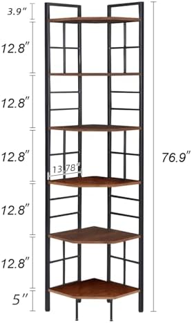HOMISSUE Corner Shelf, 6 Tier Tall Narrow Bookshelf 76.9", Industrial Corner Bookcase with Storage for Home Office Living Room and Bedroom, Rustic Brown