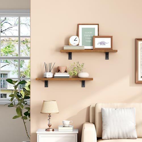 HOOBRO Floating Shelves for Wall, 15.7" Wall Mounted Shelves Set of 2, Hanging Storage Shelf with Metal Brackets, Wooden Shelf for Living Room, Bedroom, Bathroom, Rustic Brown and Black BF42BJP201G1