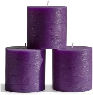 CANDWAX 3x3 Pillar Candles Set of 3 - Rustic Unscented No Drip Purple Candles for Home Decor, Weddings, Centerpieces