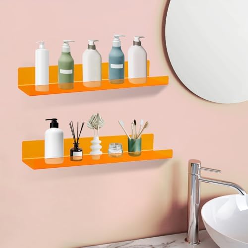 Dezzer 6 Pack Acrylic Shelves for Wall, 15" Acrylic Floating Shelves for Bathroom Bedroom, Invisible Bookshelf Wall Ledge Storage Shelf Books Perfume Toys Action Figure Display Shelves, Clear Orange