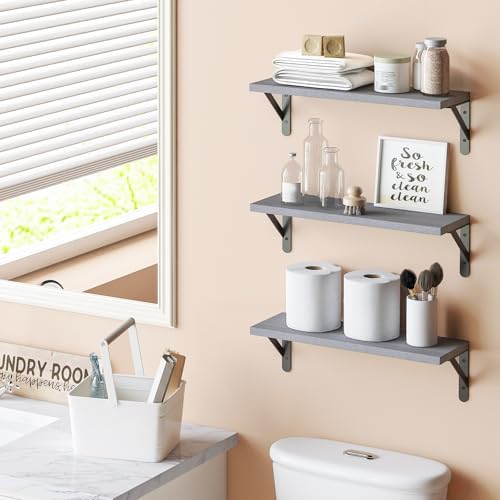 YGEOMER 16.5in Floating Shelves for Wall Home Decor, Wood, Grey, Set of 6