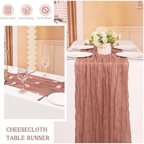 4 Pack 120 Inch Dark Rose Cheesecloth Table Runner Boho Rustic Gauze Sheer Romantic 10 FT Long Cheese Cloth Table Runner for Bridal Baby Shower Wedding Party Birthday Holiday Home Easter Decor