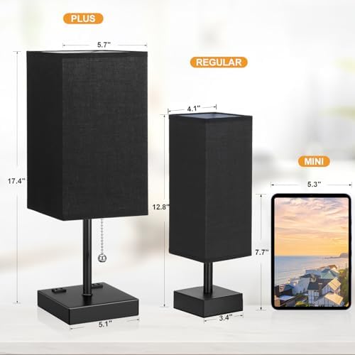Black Lamp for Bedroom - 3 Color Temperatures, USB A+C, 2 AC Outlets