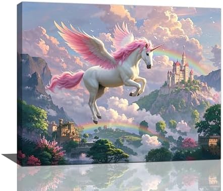 Crekviy Pink Unicorn Wall Art Fantasy Unicorn Bedroom Decor for Girls Magical Canvas Prints Painting Pictures Artwork Decorations for Nursery Room Bathroom Framed Kids Gifts 16"x20"