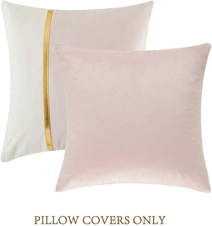 Fancy Homi 2 Packs Decorative Throw Pillow Covers 16x16 Inch for Living Room Couch Bed, Blush Pink and White Velvet Patchwork with Gold Leather, Luxury Modern Home Decor, Accent Cushion Case 40x40 cm