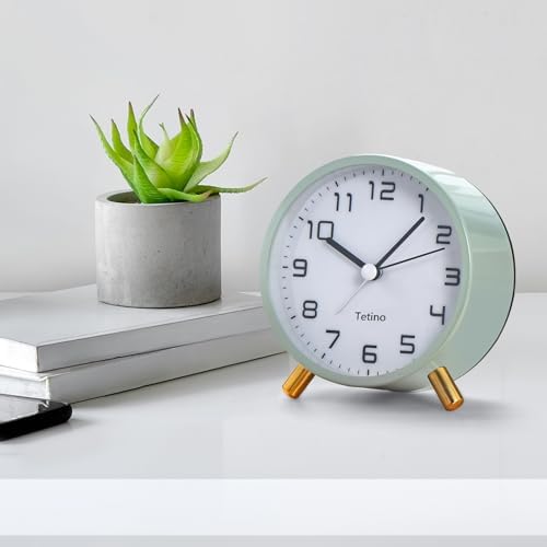 Tetino Analog Alarm Clocks,Retro Metal Desk Silent Non Ticking Small Clock with Night Light,Battery Operated,Simple Design,for Bedrooms, Bedside,Office,Home Décor (White)