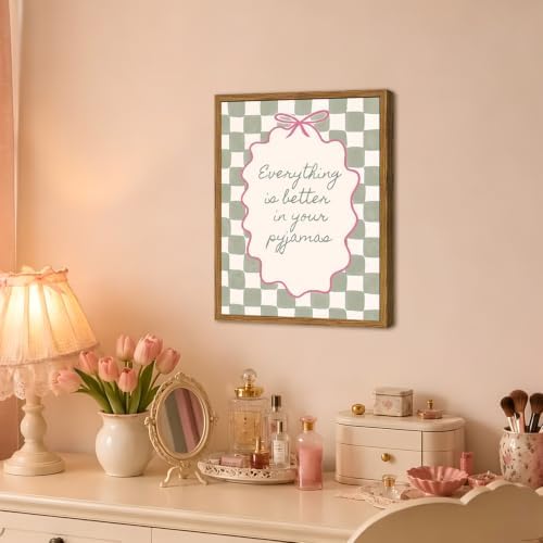 Framed Everything Is Better In Your Pyjamas Wall Art, Pink and Green Girls Bedroom Inspirational Quotes Pictures Wall Decor, Preppy Coquette Bow Paintings Canvas Prints Girly Home Decor 12x16 inch