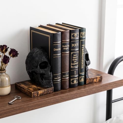 Skull Bookends, Heavy-Duty Gothic Skeleton Book Holder Set