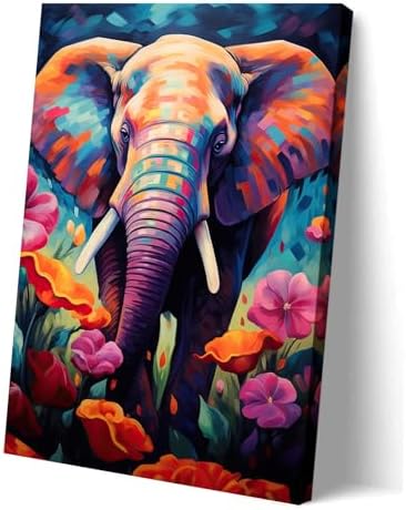 LYUNSHUO Large Elephant Canvas Wall Art Africa Wildlife Decor Colorful Animal with Flowers Pictures Print Modern Artwork for Living Room Hallway Home Wall Decor Ready To Hang - 24.00"x36.00"