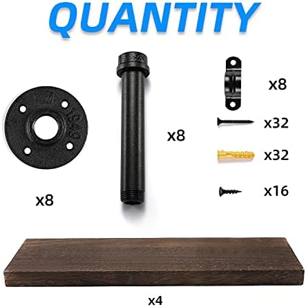Wall Mounted Floating Shelves, Floating Shelves with Industrial Pipe Brackets Set of 4 Rustic Wood Storage Shelf for Bedroom Living Room Bathroom Kitchen Office and More (4, Brown)