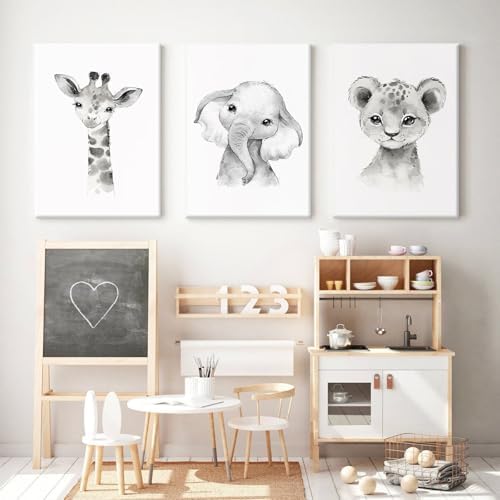 Safari Nursery Wall Art Decor Baby Animal Canvas Wall Art Baby Room Nursery Pictures Kids Artwork Safari Jungle Animal Prints Giraffe Elephant Tiger Painting for Bedroom 12x16x3 Inch Wrapped Canvas