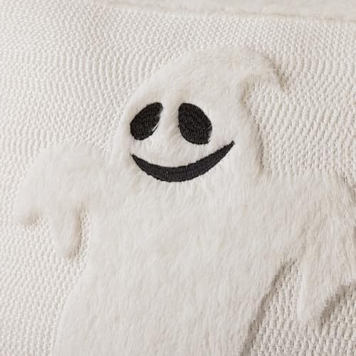 Black Halloween Ghost Throw Pillow Covers 18x18 Inch Set of 2, Soft Fluffy Embroidered Fall Couch Cushion Covers with Full Ghost Pattern for Sofa Farmhouse Living Room Spooky Decor B