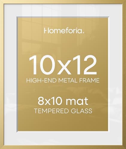 Homeforia 10x12 Gold Picture Frame, High-End Metal, 8x10 Mat, Glass