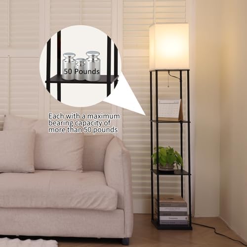 Gupuzm Floor Lamp with Shelves, Modern Square Standing Lamp with 3 Color Temperature Bulb, Corner Display Bookshelf Lamp for Living Room, Bedroom and Office (Black-2 Pack)