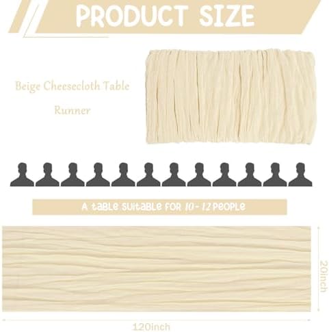 2 Pack 120 Inch Beige Cheesecloth Table Runner Boho Rustic Gauze Sheer Romantic 10 FT Long Cheese Cloth Table Runner for Bridal Baby Shower Wedding Party Birthday Holiday Home Easter Decor