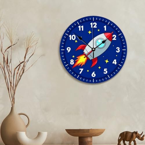 ArogGeld Kids Room Wall Clock Colourful Rocket Ship Outer Space Wood Clock