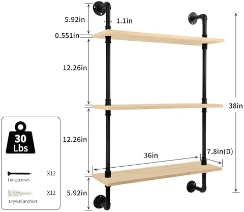 3-Tier Industrial Pipe Floating Shelf – Rustic 36 inch Wood Wall-Mounted Storage Shelf for Kitchen Office,Bathroom & Home Decor -White Oak