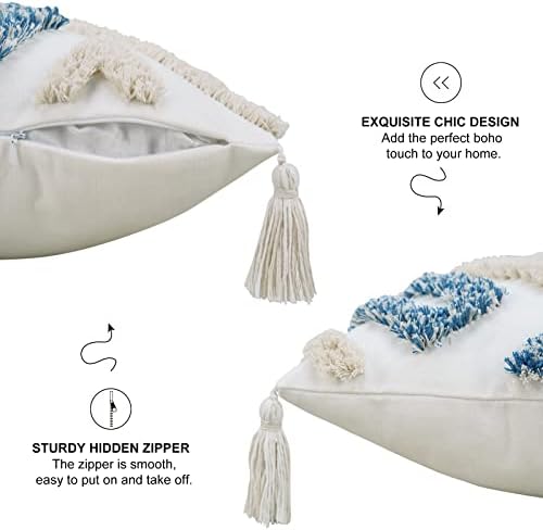 Merrycolor Boho Throw Pillow Covers 20x20 Blue and White Decorative Pillow Covers with Tassels Soft Woven Tufted Pillow Case Neutral Accent Cushion Cover for Couch Sofa Bedroom,1PC