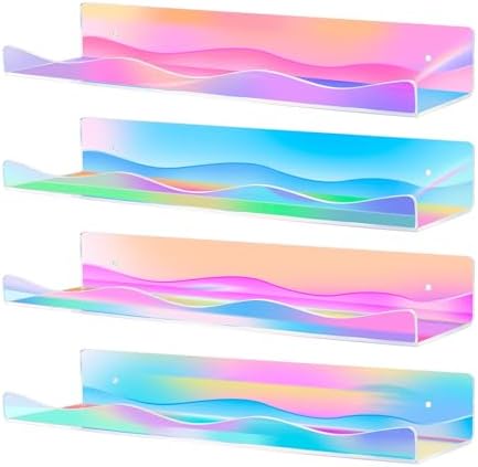 4 Pack Iridescent Acrylic Floating Shelves, 15.7" Clear Acrylic Display Shelves Bookshelf Wall Mounted, Bathroom Kids Room Home Storage Wall Decor Ledge Shelf for Skincare, Perfume, Nail Polish