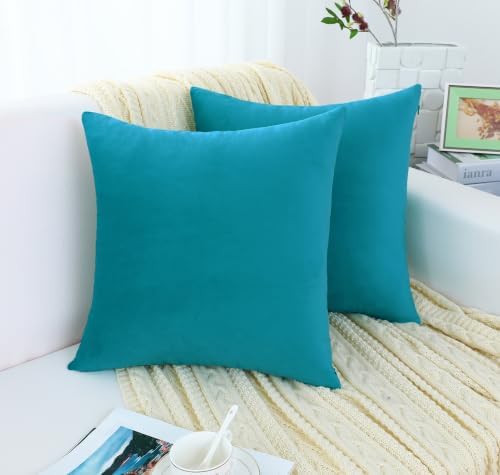 Jeneoo Dark Turquoise Decorative Throw Pillow Covers Soft Velvet Comfy Square Couch Cushion Cases for Living Room Sofa Decor (Set of 2, 18 x 18 Inches)