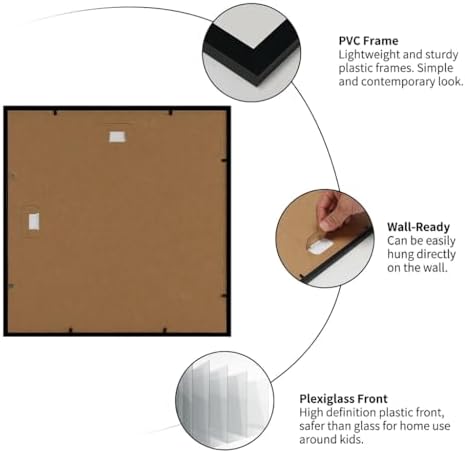 Giftgarden 12x12 Picture Frame Black Set of 16, Matted to 8x8 Photo with Mat, Lightweight Square Gallery Frames for Wall Hanging Display