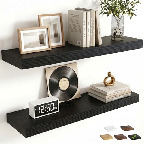 FLYJOE 24 Inch Floating Shelves for Wall Set of 2, 6.5" D Wood Grain Bathroom Shelves with Invisible Brackets, Easy Install Engineered Wood Storage Shelves for Kitchen, Living Room, Bedroom