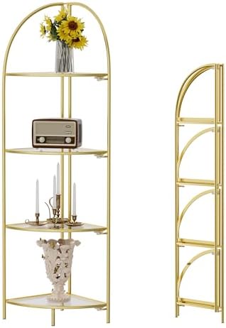Crofy 4-Tier Foldable Corner Shelf, Metal Gold Frame & Transparent Shelves