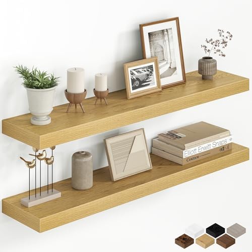 36 Inch Floating Shelves for Wall, Rustic Wood Wall Mounted Deep Storage Shelves with Invisible Brackets, Large Decorative Display Ledge for Living Room Bedroom Bathroom and Kitchen, Set of 2, Oak
