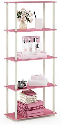 Furinno TURN-N-TUBE Storage Shelves, 5-Tier Book Shelf, Corner Shelf, Toolless Open Shelves, for Organization and Storage, Living Room, Garage, Home Office, Pink