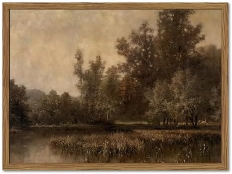 Framed Vintage Landscape Wall Art Forest Lake Swamp Natural Pictures Moody Wilderness Wall Decor Canvas Prints for Living Room Bedroom Farmhouse Dining Room Office 12x16 Inch