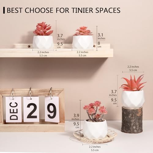 VIVERIE Mini Faux Succulents Plants Artificial in Pots-Rose Pink Desk Accessories, Small Fake Succulents Plants for Home Decor Indoor for Women, White Ceramic, Set of 4