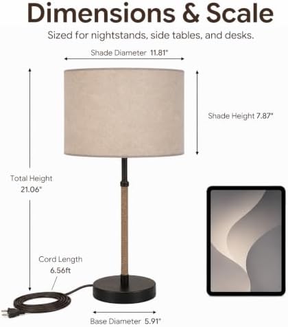 BySea Nordic Table Lamp, Bedside Lamp with Linen Shade and Rope Accent