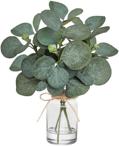 12" Fake Eucalyptus Stems in Vase with Faux Water,Artificial Plants Leaves for Shelf Desk Bathroom Farmhouse Room Coffee Table Home Decor (Eucalyptus-Fruit)