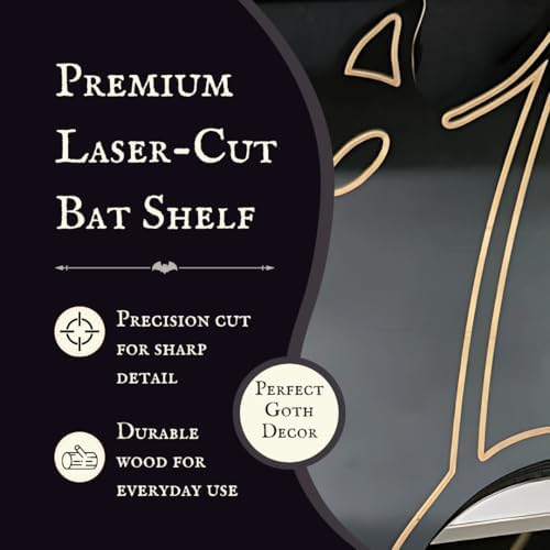 Gothic Bat Shelf Wall Decor with Hooks - Valentines Spooky Goth Themed Gifts for Adults Women with Bat Stickers - Black Floating Shelf for Bedroom Living Room - Unique Vampire Room Lovers Accessories